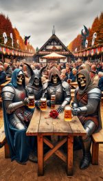 DALL·E 2023-11-04 09.19.36 - The Four Horsemen of the Apocalypse sitting together at a rustic ...jpg